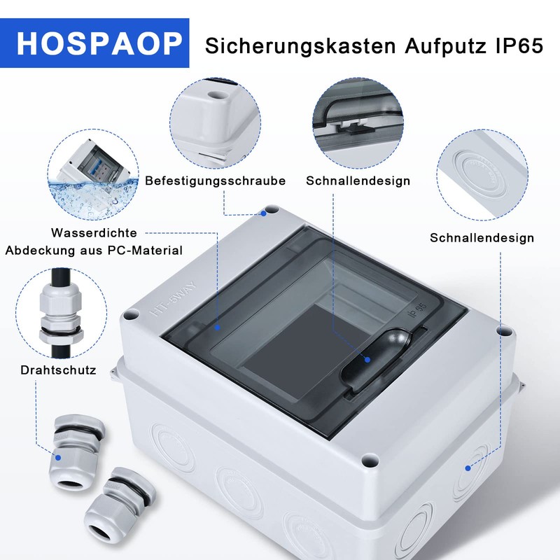 Surface-Mounted Fuse Box, IP65 with 1 Row, 5 Modules, Brass