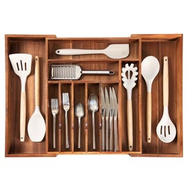 KitchenEdge Premium Silverware, Flatware and Utensil Organizer for Kitchen Drawers, Expandable 15 to 25 Inches Wide, 10 Compartments, Food-Safe Premium Acacia Wood Finish Kitchen Storage Tray