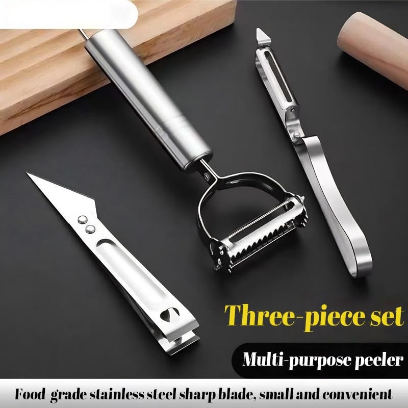 Stainless Steel Vegetable Peeler Set For Kitchen, 3 Piece, Silver,