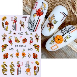 Fall Nail Stickers 6 Sheets Thanksgiving Nail Art Decals Pumpkin Maple Leaves Nail Designs Autumn Nail Art Stickers 3D Self Adhesive Nail Supplies Fall Leaves Nail Decals for Women Manicure Decoration