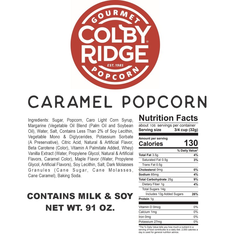 Colby Ridge Fresh Caramel Gourmet Craft Popped Gluten Free Popcorn