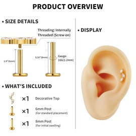 FINE4U 16G CZ Cluster Climber Cartilage Earring for Helix, Tragus - ASTM F136 Titanium Triple Marquise Labret Stud, Screw on Gold Plated Nickel Free Flat Back Jewelry(White CZ)