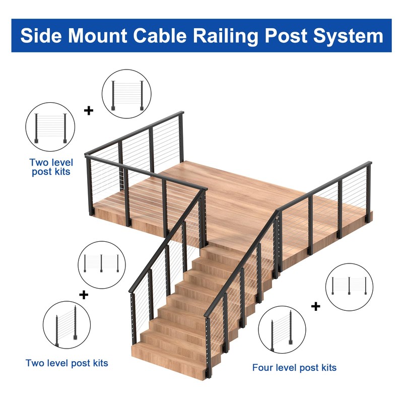 BLIKA 36" Side Mount Cable Railing Posts, Stainless Steel, Level