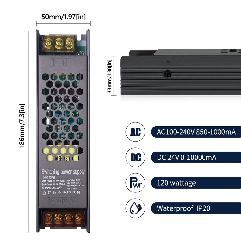 Lustaled 120W DC 24V LED Power Supply Driver - Waterproof