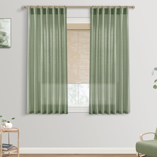 Sage Green Back Tab/Hook Belt Linen Sheer Curtains 45 Inch