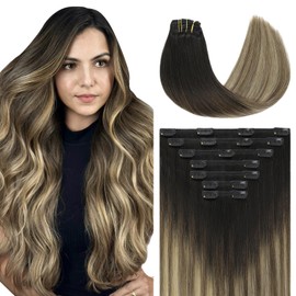 Youngsmile Clip in Hair Extensions Real Straight Natural Human Hair 22inch 160g 7Pcs Black Ombre Dark Brown with Caramel Brown Remy Hair Extensions Clip in Add Hair Volume (7PC#1B427-22)