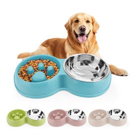 Pets Double Slow Feeder Bowls, Cats & Dogs Food Water Bowls, Stainless Steel Puppy Food and Water Dishes Non-Skid, Pet Feeding Bowl for Small Dogs Puppy Cat (Blue)