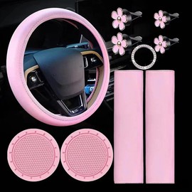 Juego de 10 accesorios para coche para mujeres, incluye funda para volante, almohadillas para cinturones de seguridad, portavasos, clips para rejillas de ventilación y pegatina para botón de inicio