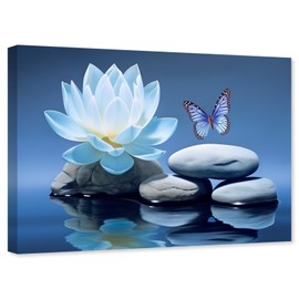 ARTZGX Blue Zen Wall Art Lotus Flower Canvas Spa Stone Pictures for Bathroom Wall Decor Meditation Butterfly Painting Frame(Zen - A 12.00" x 18.00")