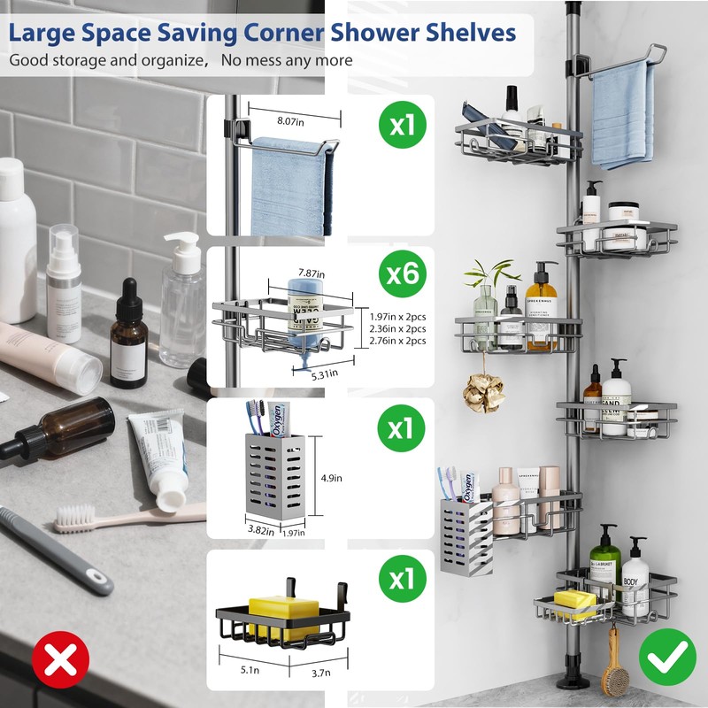 Corner Shower Caddy Organizer Tension Pole, Adjustable 6 Shower Shelves