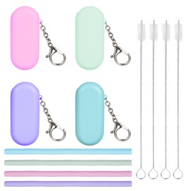 Biiange 4 Set Silicone Straws, Reusable Straws Travel, with 4 Carry Pouch 4 Cleaning Brushes Portable Drinking Straws, for Party Travel Cold or Hot Straw (Multicolor)
