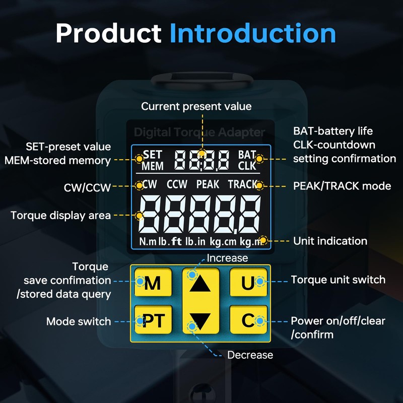 Upgrade 1/2" Digital Torque Adapter, (±1% Accuracy, 5-100Ft-lb), Precision Digital
