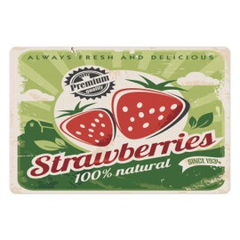 Lunarable Strawberry Pet Mat for Food and Water, Farmers Market Poster Design with Grunge Worn Out Effect, Non-Slip Rubber Mat for Dogs and Cats, 18" X 12", Red Green