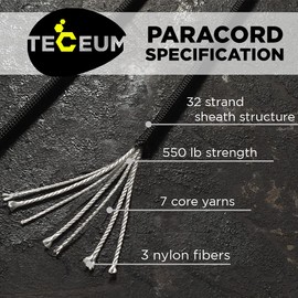 TECEUM Paracord Type III 550 Black –100 ft – 4mm – Tactical Rope MIL-SPEC – Outdoor para Cord –Camping Hiking Fishing Gear and Equipment EDC Parachute Cord Strong Survival Utility Rope 016
