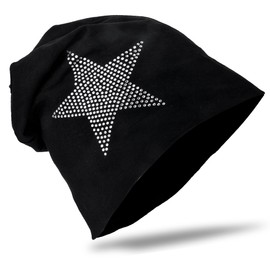 Unisex Children’s Jersey Slouch, Beanie, Long Beanie with Rhinestone Star, Cotton, Trendy, Unisex - Black , size: 54-58