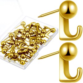 Jetec 30 Pieces Metal Push Pin Hangers Pin Wall Hooks Picture Hanging Picture Nails Frame Oil Painting Hooks on Wooden or Fabric Wall for Home or Office(Gold)