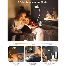 LiFMIRA Reading Light for Bed, Clip-on Desk Lamp with Flexible Neck, 3 Color Modes & 10 Dimmable Brightness, Teal
