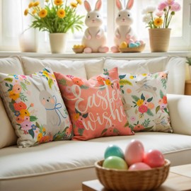 Prims & Flourish Easter Pillow Covers 18x18 Set of 4, Throw Pillow Covers, 4-Pack, 4 Designs, Floral Bunny Bliss, Pink