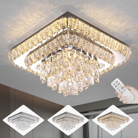 Miuyhji Elegant LED Crystal Raindrop Ceiling Light,18in Square Flush Mount Chandelier with Remote for Living Room Kitchen Island Bedroom Hallway Entryway Foyer (Dimmable)
