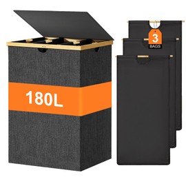 WOWLIVE 180L Laundry Hamper 3 Section, Bamboo Laundry Basket with lid, Extra Large Dirty Clothes Hamper with Removable Bags, Laundry Bin Organizer Storage for Dorm Bedroom Bathroom, Black