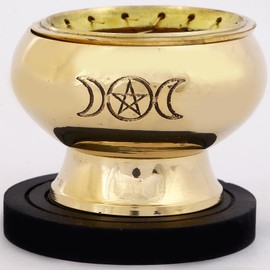 Indian Consigners Triple Moon Brass Charcoal Screen Incense Burner with Wooden Coaster & Grill Altar, Spiritual, Ritual, Witchcraft & Witchery Use (Triple Moon Pentagram Burner)