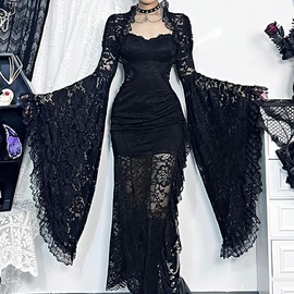 L'VOW Lace Long Sleeves Cover Up for Women Goth Lace Bolero Crop Top Vampire Witch Cosplay Victorian Accessories(Black,S)