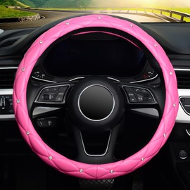 KAFEEK Diamond Leather Steering Wheel Cover with Bling Bling Crystal Rhinestones, Universal 15 inch,Dark Pink