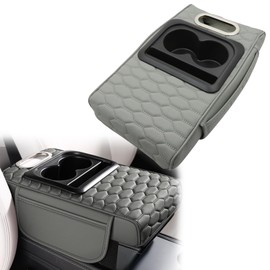 AOUTTUOA Gray Car Center Console Cover Universal Car Multifunctional Armrest Heightening Pad Microfiber Leather with Built-in Tissue Box & Cup Holder & Phone Storage Slot & Side Pockets