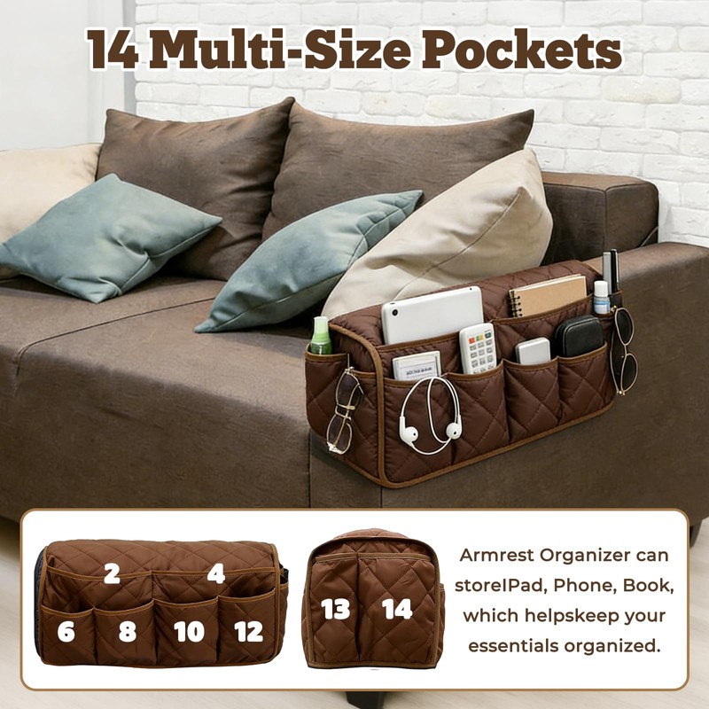 Sofa Armrest Organizer & Remote Control Holder, 14 Large Pockets,