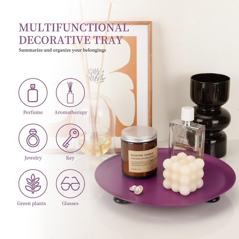 Round Decorative Tray -11 Inch Metal Candle Trays Decor for