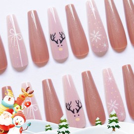 Aceorna Extra Long Coffin Press on Nails Glossy Xmas Fake Nails Snowflake Reindeer Full Cover Acrylic Nail Red Christmas False Nails for Women and Girls 24PCS (Type A)