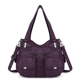 Angelkiss Women's Designer Handbag Large Double Zipper Multi Pocket Washed, Purple