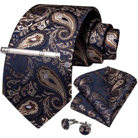 DiBanGu Navy Blue Brown Paisley Tie and Pocket Square Set Mens Silk Necktie Handkerchief and Cufflink Tie Clip Set Formal