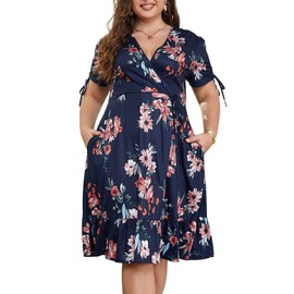 Keluummi Plus Size Summer Midi Dresses for Curvy Women, Boho Floral A Line Work Cocktail Dress with Pockets(22 Plus, 02 - Navy Blue Floral)
