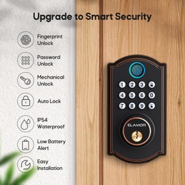 ELAMOR Fingerprint Door Lock, Keyless Entry Door Lock with Automatic Locking, 50 User Codes, Smart Deadbolt for Front Door, Security Waterproof, Easy Installation, Ideal for Home Apartment