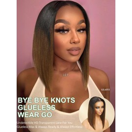 KLAIYI Ombre Brown Yaki Straight Bob Wig Human Hair Bye Bye Knots Glueless Wig Precut Lace Pre Bleached Pre Plucked 7x5 Lace Front Ready to Wear Put On Go Wig with Dark Roots Balayage Brown Wig 10Inch
