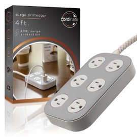 Cordinate Adapt 6 Widely Spaced Multiple Outlets Surge Protector Power Strip 4 ft Braided Extension Cord Flat Plug Electrical Extender for School Dorm Room Home Office 500 Joules, Gray, 78844