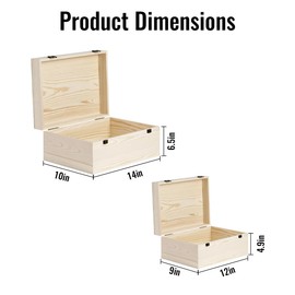 Aulufft 2 Pack Large Unfinished Wooden Box with Hinged Lid, 14”x10.4”x 6.5", 12"x 9"x4.9" Crafts Wooden Storage Natural Pine Wooden Box for DIY Crafts Art Gifts Jewelry Home Storage Box