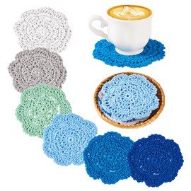 Handship 4 Inch Winter Crochet Lace Coasters Set of 12, Blue Handmade Crochet Cup Mats Polyester Cotton Lace Drink Coasters with 1pc Bamboo Rattan Basket for Kitchen Coffee Table Decorations