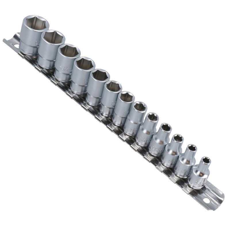 13PC 1/4 Shallow CRV Sockets Chrome Vanadium on Rail SS093