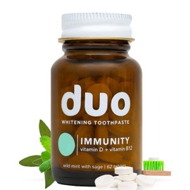 duo Duo Immunity Toothpaste Tablets | Vitamin D3 + B12 w/Nano-Hydroxyapatite (nHa) - Whitening, Remineralize & Reduce Sensitivity | Sustainable & Plastic Free | Wild Mint w/Sage, 1 Bottle/ 62 Tablets