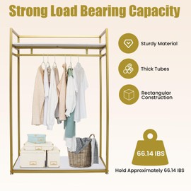 KOLHGNSE Garment Rack, Heavy Duty Shelves Freestanding Clothing Rack Modern Adjustable Display Stand Wood Boards loor Stand Boutique (Gold)