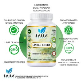 Ginkgo Biloba 120 Cápsulas | Suplemento Alimenticio 100% Puro | Saisa Herbal Sin sabor | Antioxidante, mejora de la memoria, mejor circulación
