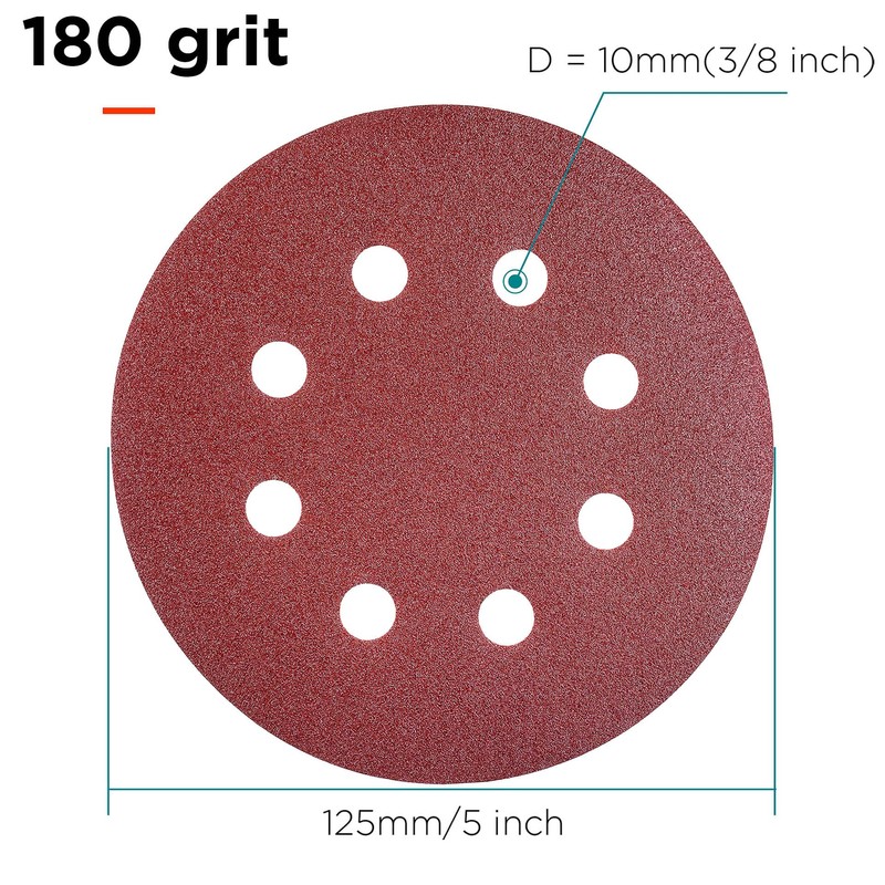 YoiYee 180 Grit Sanding Discs Pads, 8 Holes, 125mm/5-inch Hook