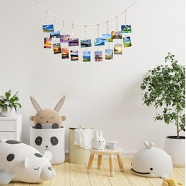 DOMORA HOME Hanging Photo Display Macrame Boho Wall Decor, Wooden Bead Garland with 18 Photo Clips, Collage Picture Frame Photo Holders for Nursery Room Dorm Bedroom Wall Decor (Nature)