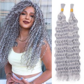 Deep Wave Bulk Braiding Hair 20inch 2pack 200g No Weft Deep Wave Bulk Hair for Braiding Micro Quality Synthetic Braiding Hair for Boho Braids Wet and Wave grey#