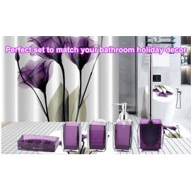 TUANYO 5 Pcs Purple Acrylic Bathroom Accessories Set Complete,Lotion/Soap Dispenser,Soap Dish,Toothbrush Holder, Tumbler,Toilet Brush and Holder,Modern Bathroom Decor and Housewarming Gift Set,Purple