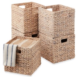 Best Choice Products 13x13in Hyacinth Baskets, Rustic Set Of 5 Multipurpose Collapsible Storage Organizer, Handwoven Laundry Totes for Bedroom, Living Room, Bathroom, Shelves - White