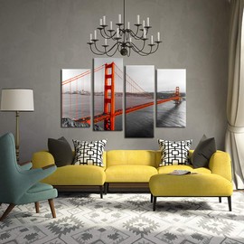 Kreative Arts Extra Large 4 Pieces Black White and Red Canvas Prints Wall Art San Francisco Golden Gate Bridge Pictures Cityscape Painting Printed on Canvas Art Work for Walls Decoration L64xH43
