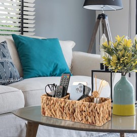 BSTKEY Natural Water Hyacinth 3-Slot Remote Control Holder, Hand-woven Remote Control Organizer Caddy Tea Bag & Coffee Pod Storage Holder Tabletop Stationey Organizer (No Accessory)